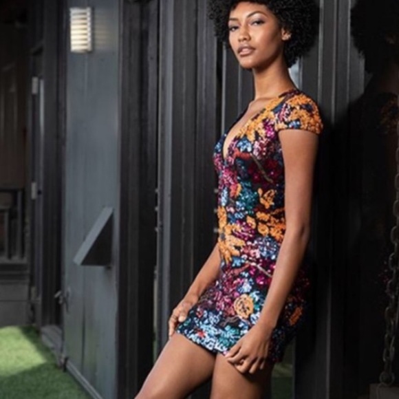 Dress The Population Sequin Mini Dress Floral Short Sleeve Small S New NWT V - Picture 12 of 15
